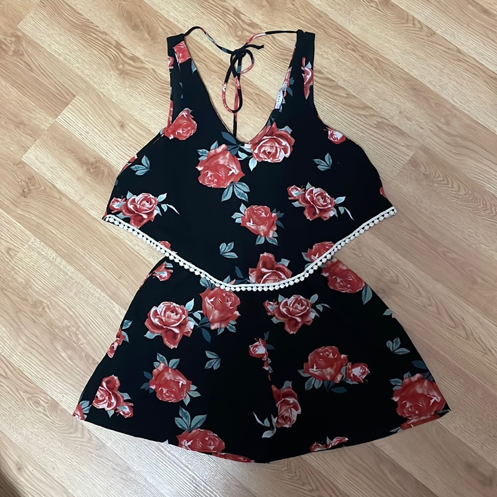 Black/Red Rose Patterned Romper